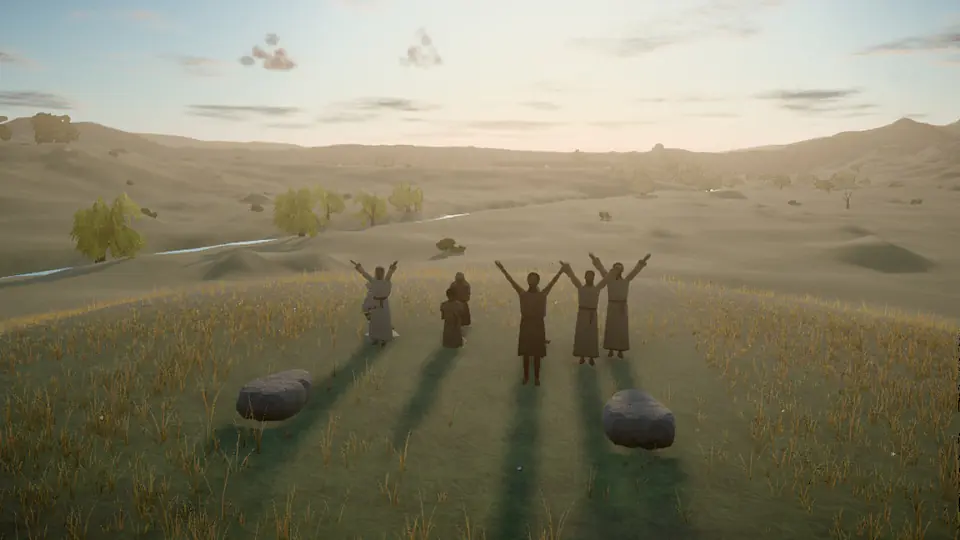 A family stand on a hillside with their hands raised, as people begin to call on the name of the LORD (Genesis 4:26)