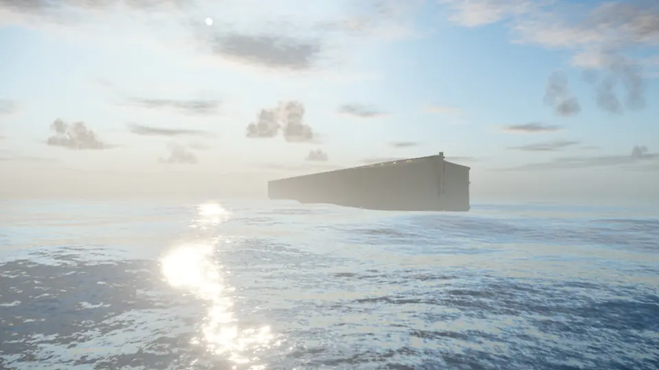 The ark afloat on bright water as the flood recedes (Genesis 8:3)