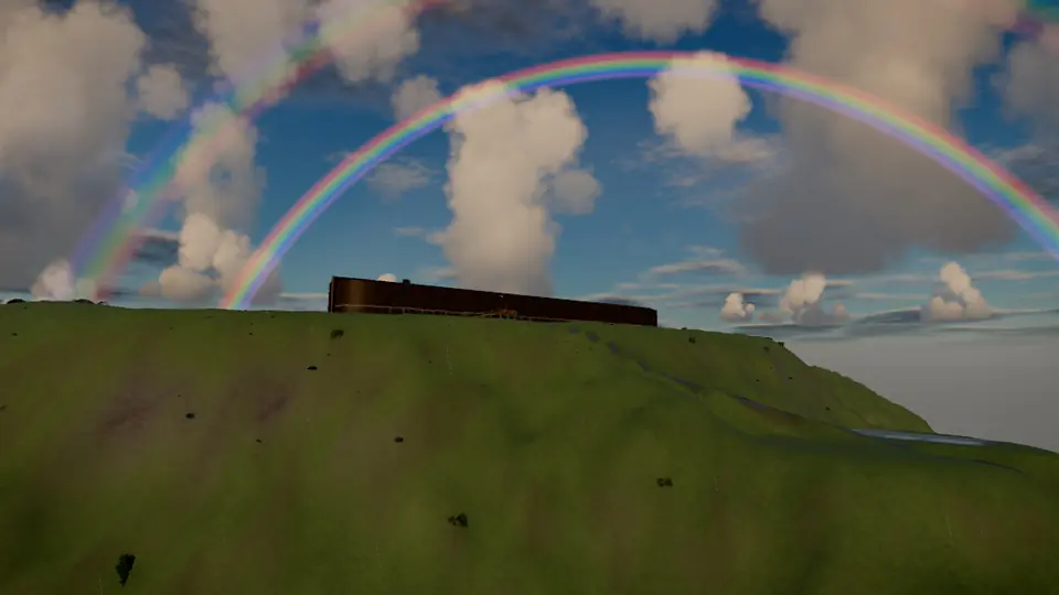 A rainbow arches over the ark resting on a green hill (Genesis 9:16)