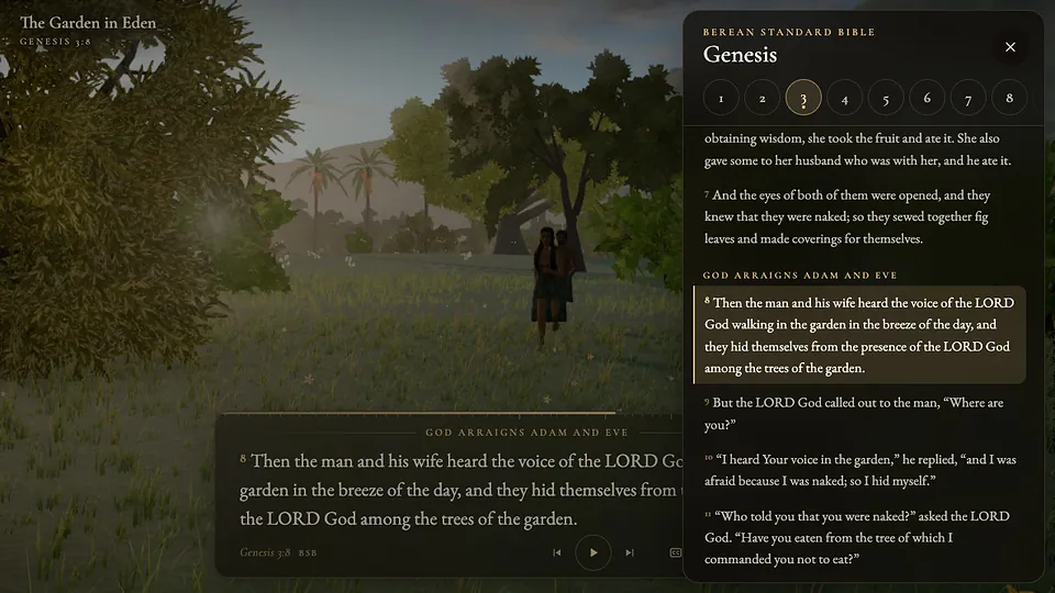 The reader open on Genesis 3 beside the scene, with verse 8 marked