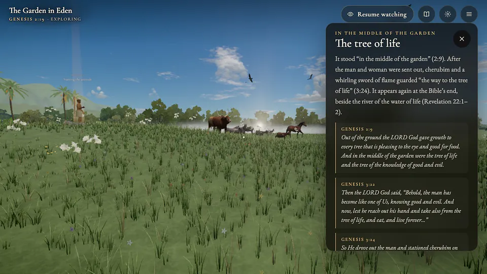 Stepping into the garden at Genesis 2:19: animals on the meadow, and a note about the tree of life open beside the scene