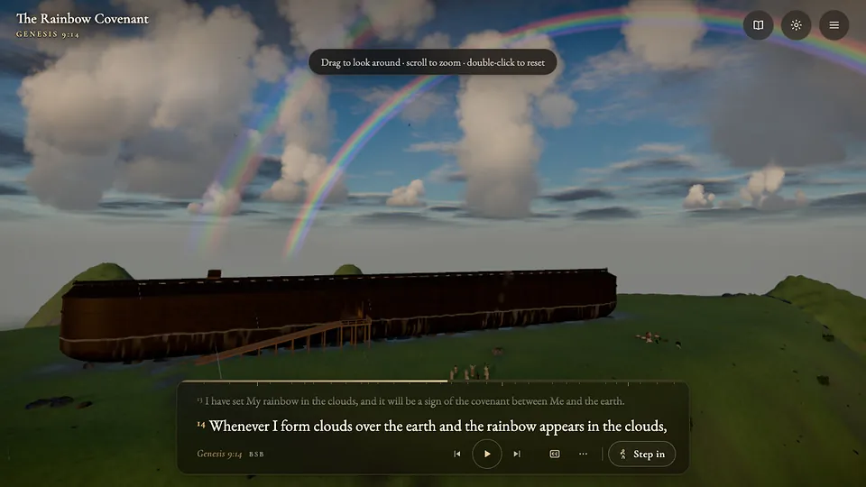The film paused at Genesis 9:14 under a rainbow, the verse on a reading card with the play controls at the foot of the screen